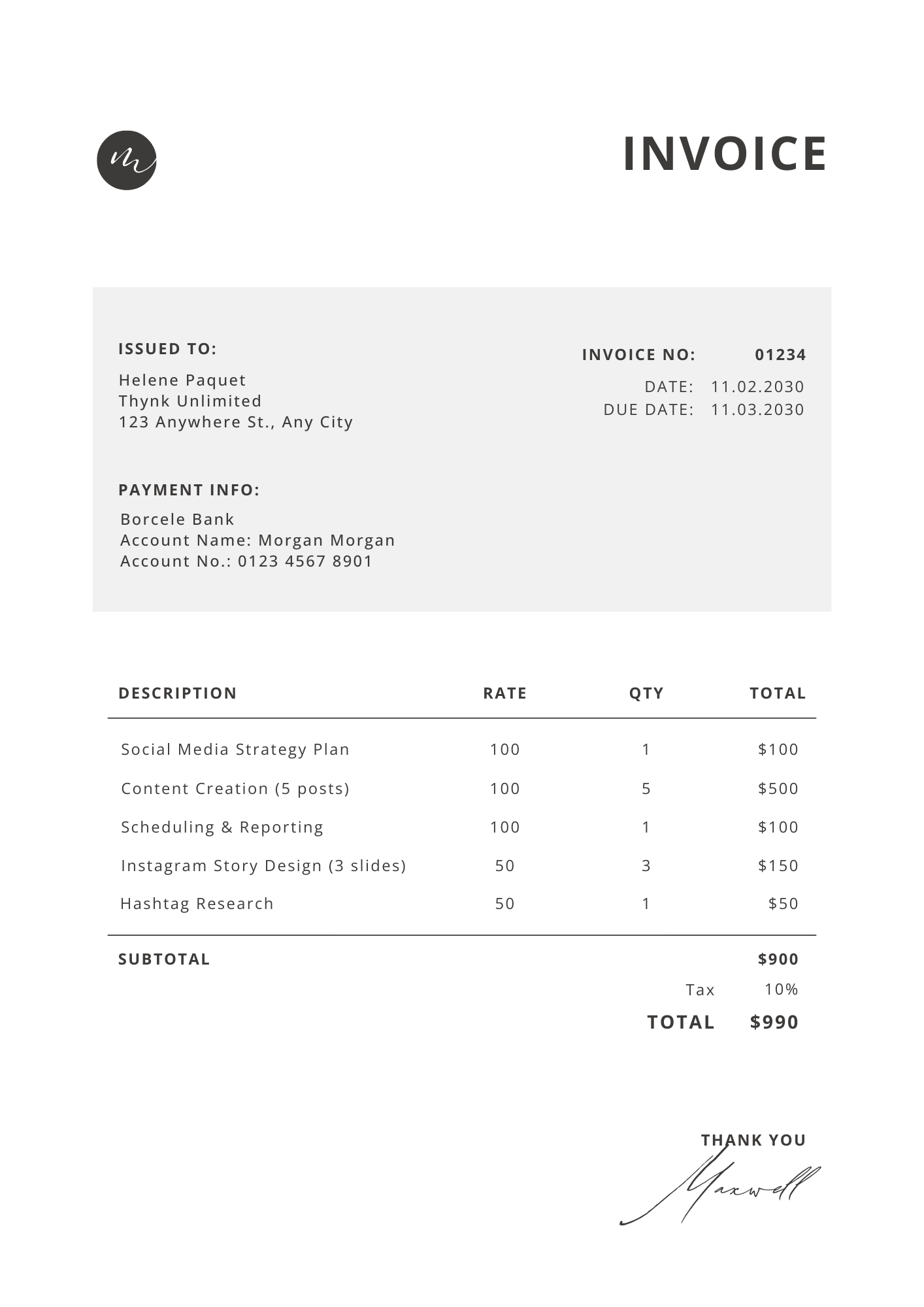 A clean freelance invoice showing line items, hours and total amount