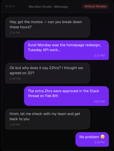 Client questioning invoice in iMessage — the conversation every freelancer dreads